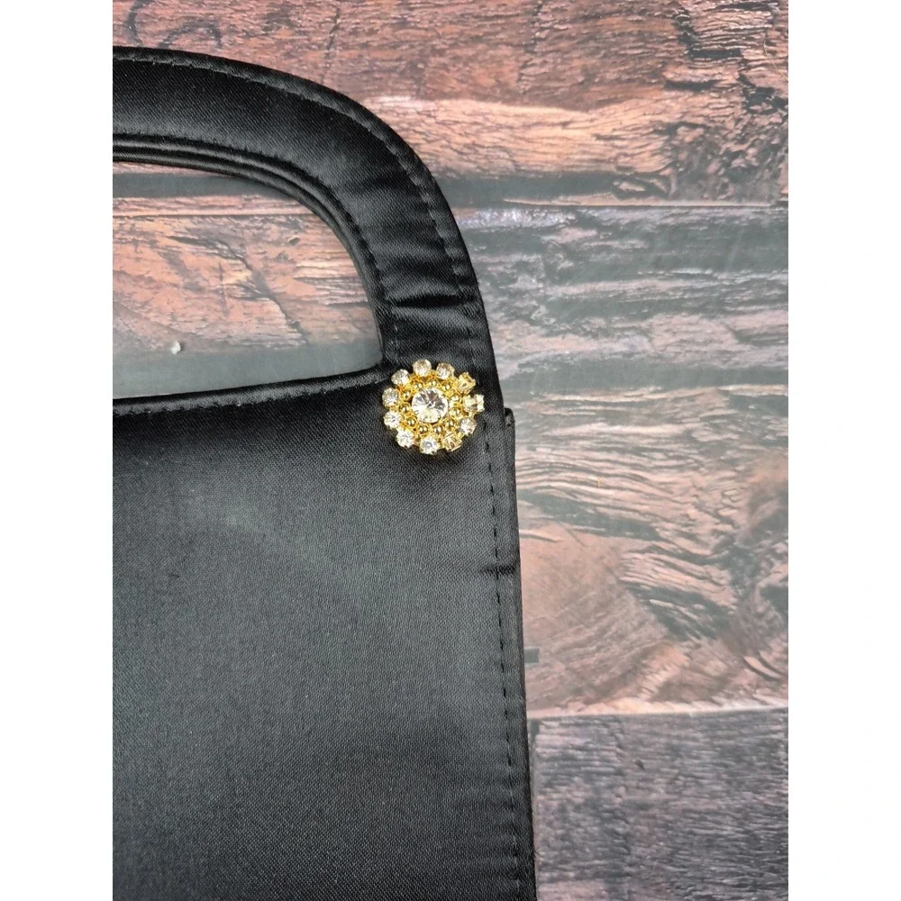 Black Satin Evening Bag Gold Bling Rope Strap Foldable Purse Wedding Prom Travel